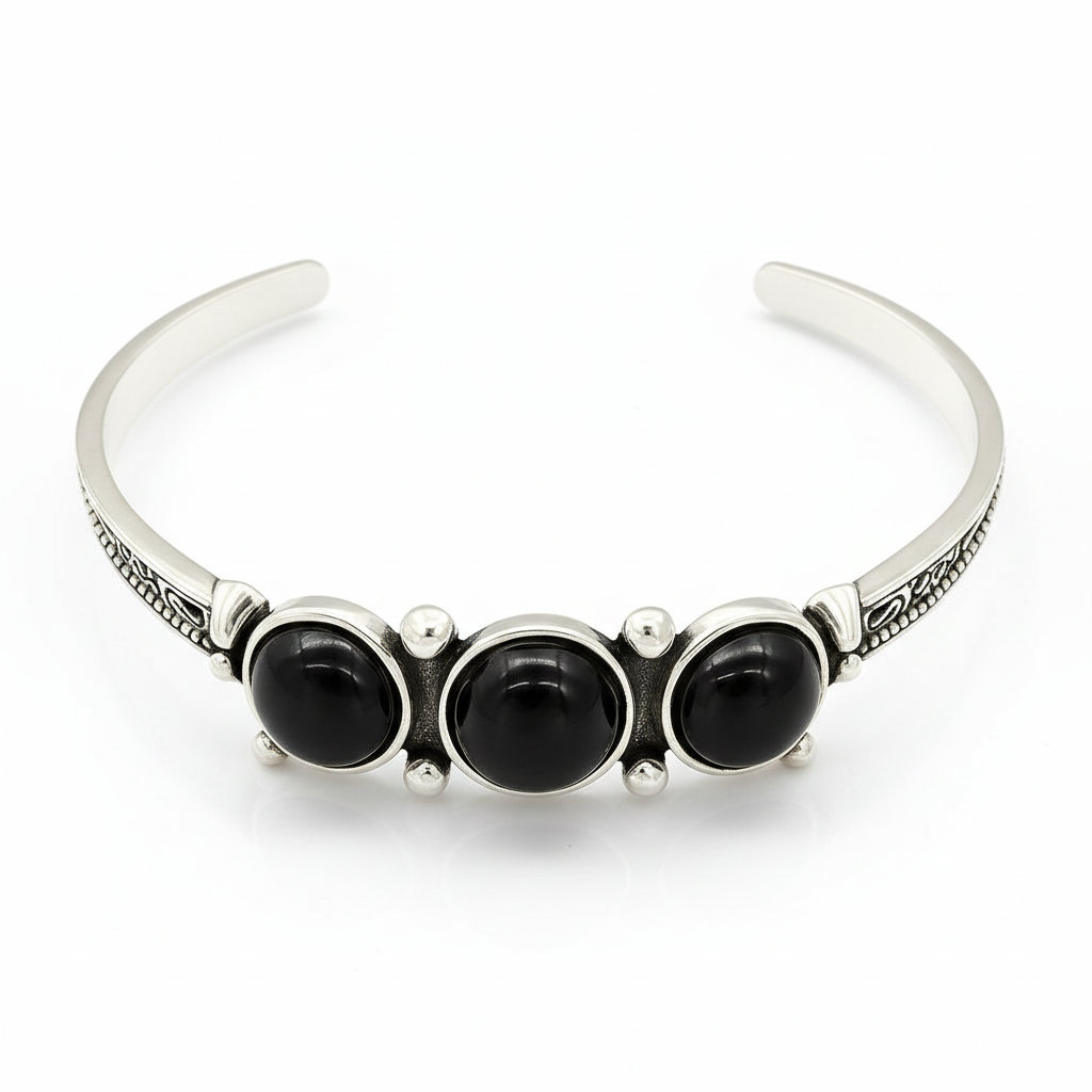 Vintage-Inspired Silver Cuff Bracelet with Onyx Stones | Boho Chic Statement Jewelry
