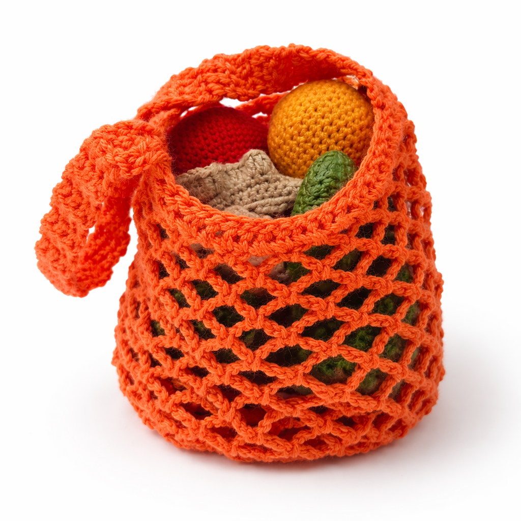 Handmade Crochet Play Food Set with Market Bag – Amigurumi Grocery Toy Set