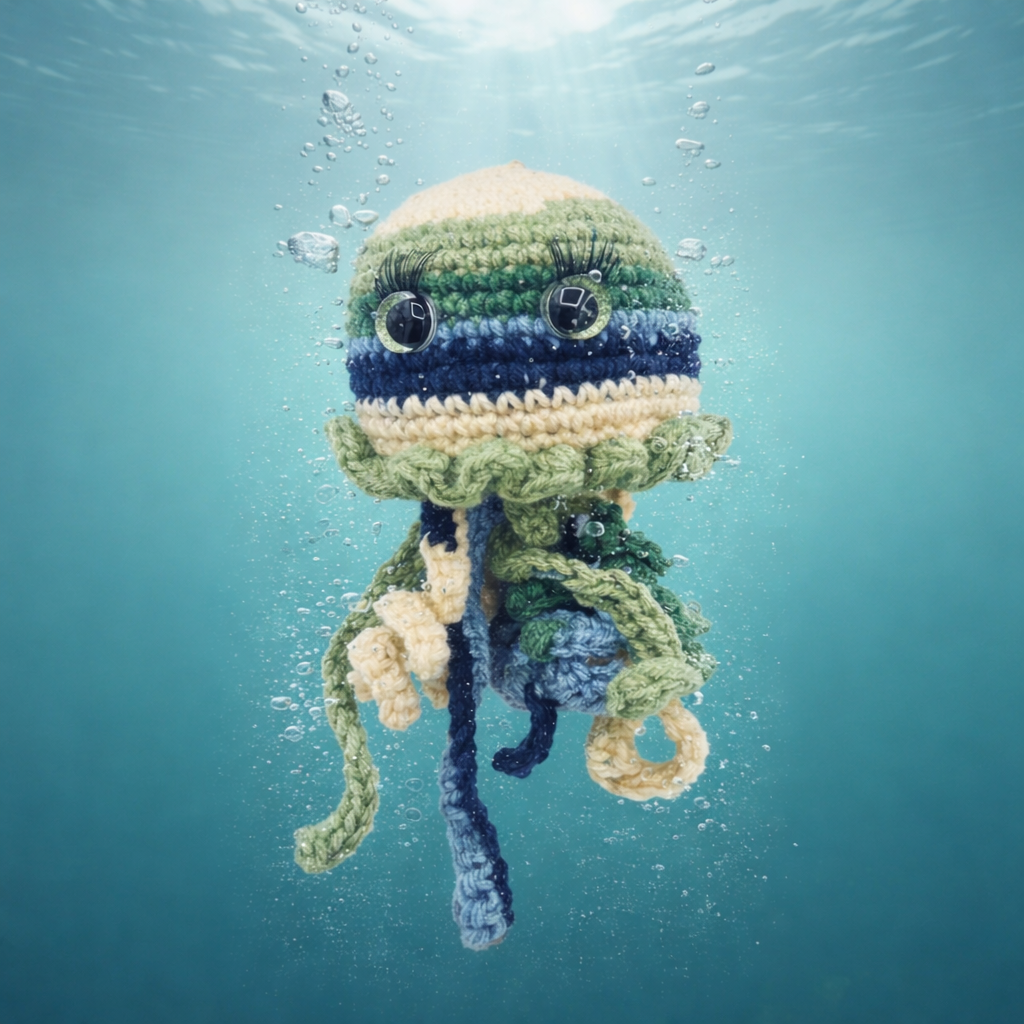 Handmade Crochet Jellyfish Plushie – Green & Blue Ocean Mix