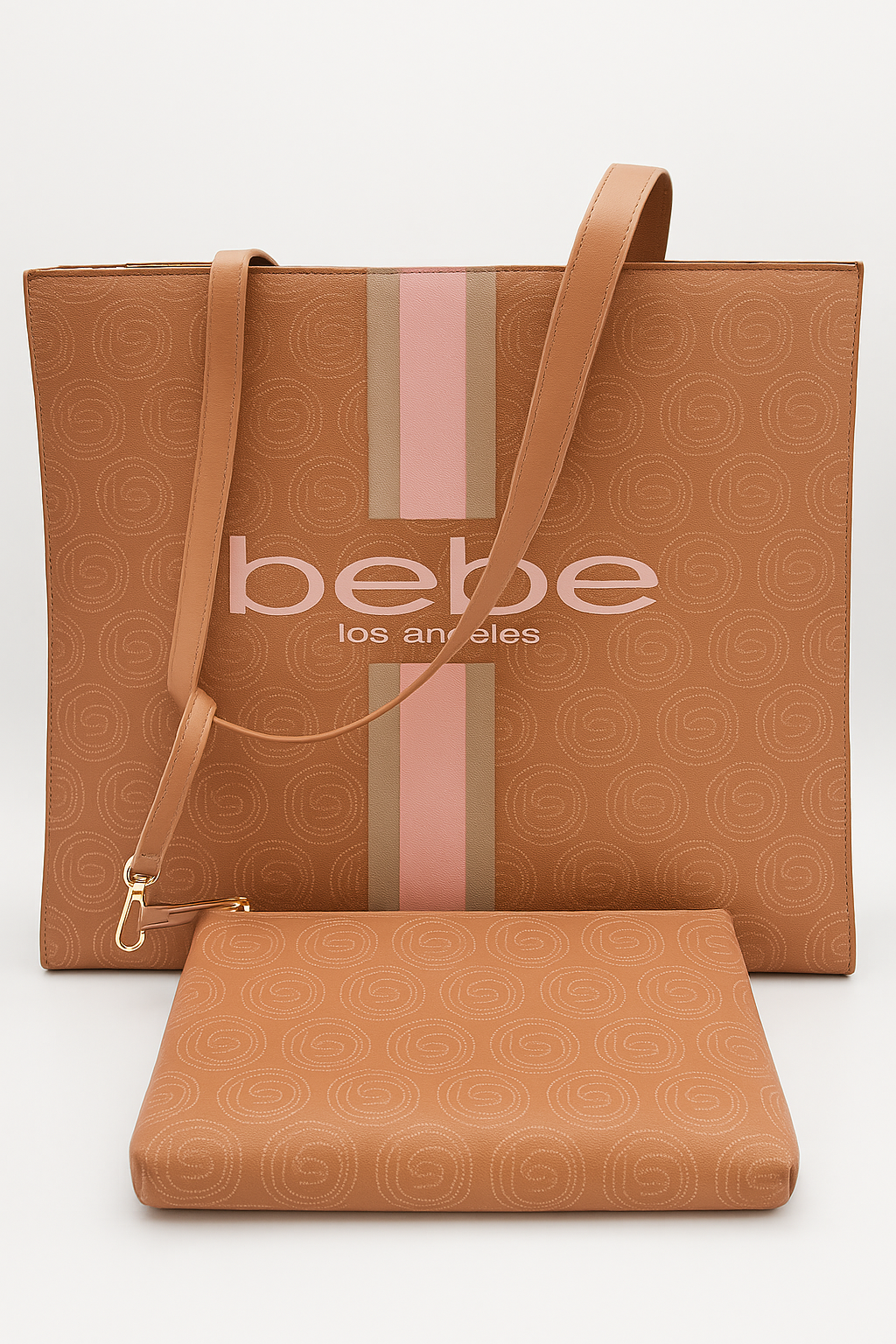 bebe Los Angeles Large Tote Bag with Matching Pouch – Pink Stripe Taupe Logo Tote