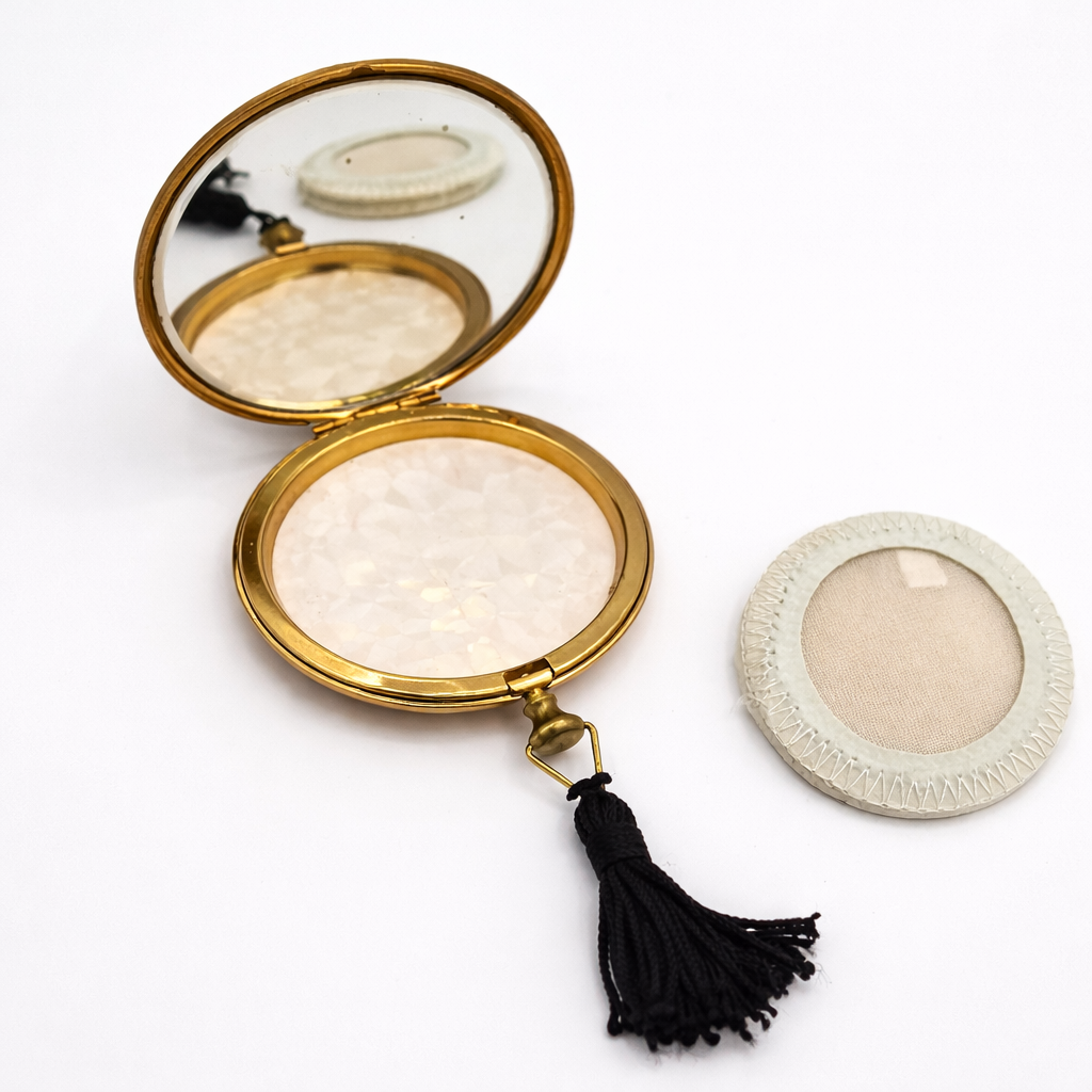 Vintage Elgin American Fifth Avenue Mother-of-Pearl Compact with Velvet Pouch