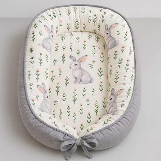 Baby Lounger Nest – Soft Padded Infant Nest with Rabbit & Wildflower Print