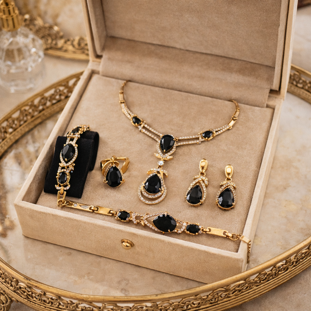 Vintage-Inspired Black Teardrop Crystal Necklace Set – Gold Tone Statement Jewelry