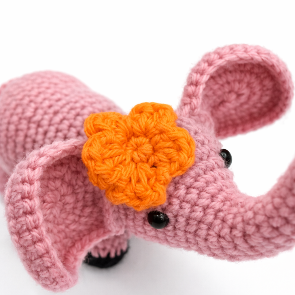 Handmade Crochet Elephant Plush Toy with Flower – Amigurumi Elephant Stuffed Animal