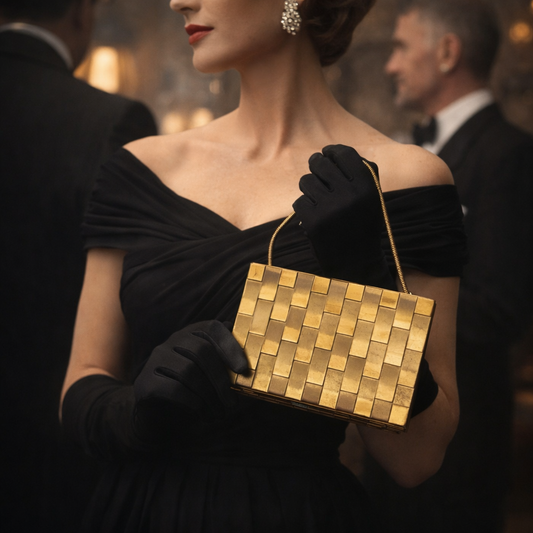 Vintage Gold-Tone Woven Metal Compact Clutch | Mid-Century Evening Bag