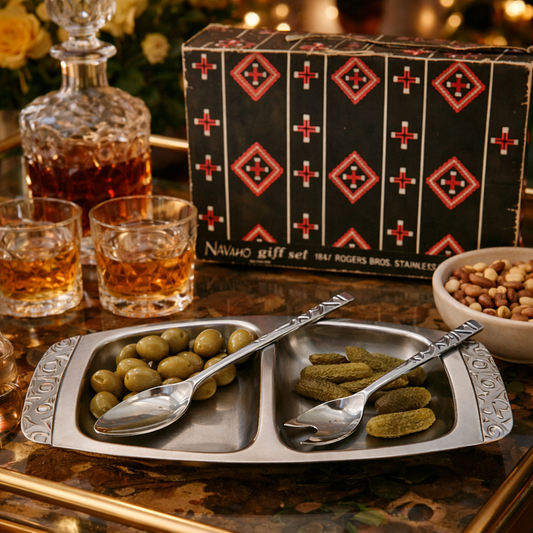 Vintage 1847 Rogers Bros “Navaho” Stainless Steel Divided Relish Tray Set – Mid-Century Serving Dish with Utensils