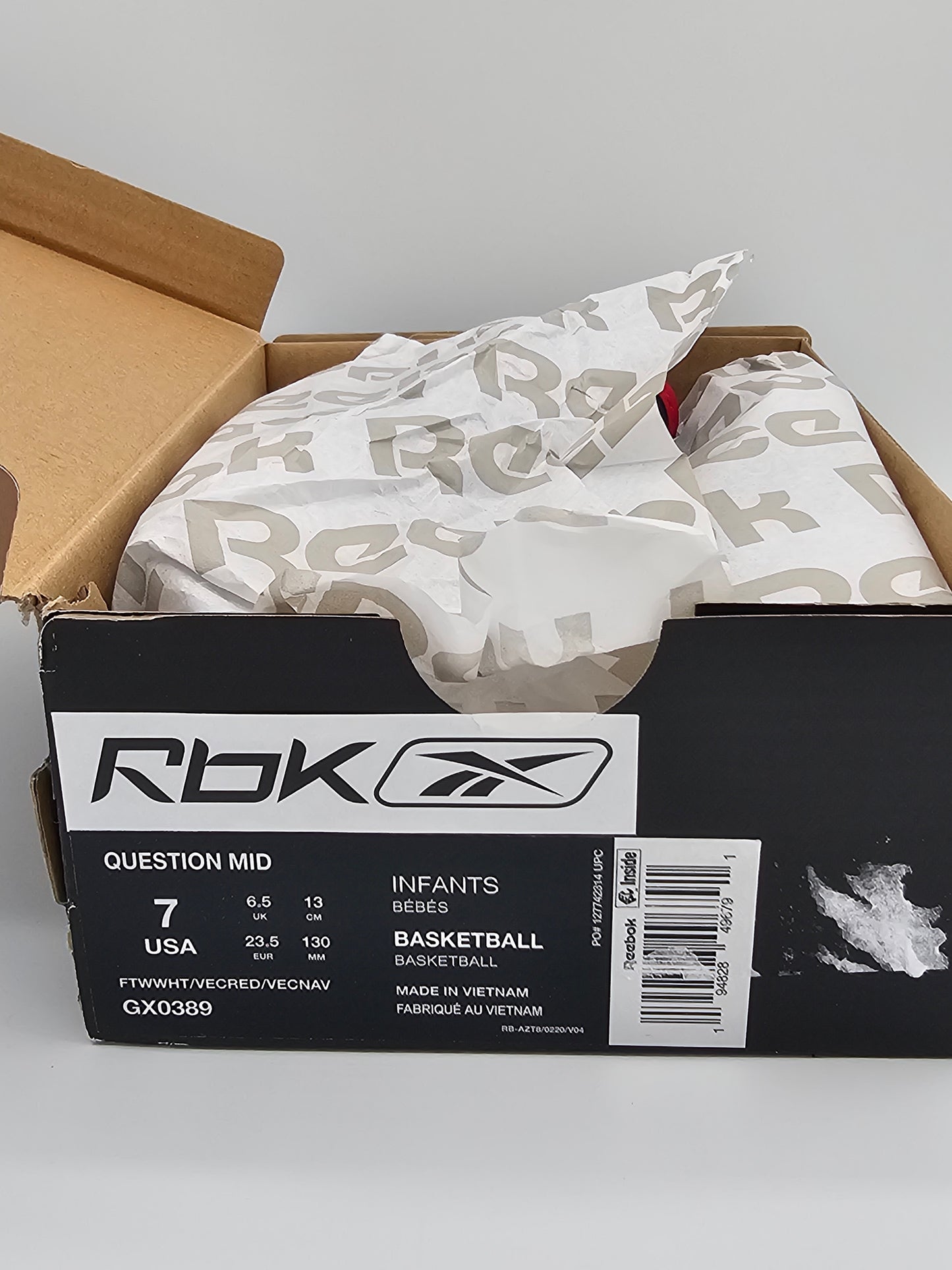 Reebok Question Mid “Olympic” – Infant/Toddler Size 7 | Navy/Red/White | New (Box Wear)