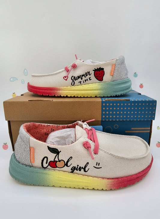 Hey Dude Wendy Youth “Doodle Freedom” – Size K12 | Cream/Pink Rainbow Sole