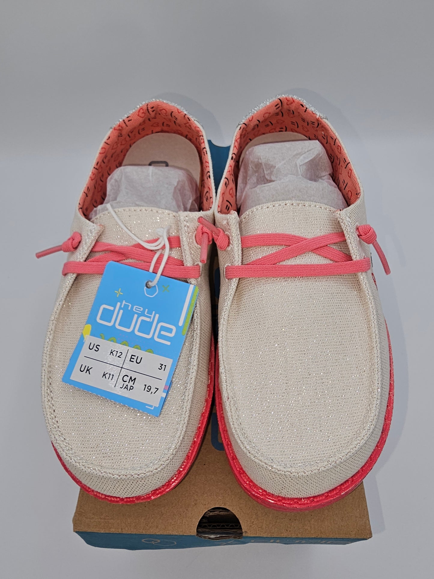 Hey Dude Wendy Youth “Doodle Freedom” – Size K12 | Cream/Pink Rainbow Sole