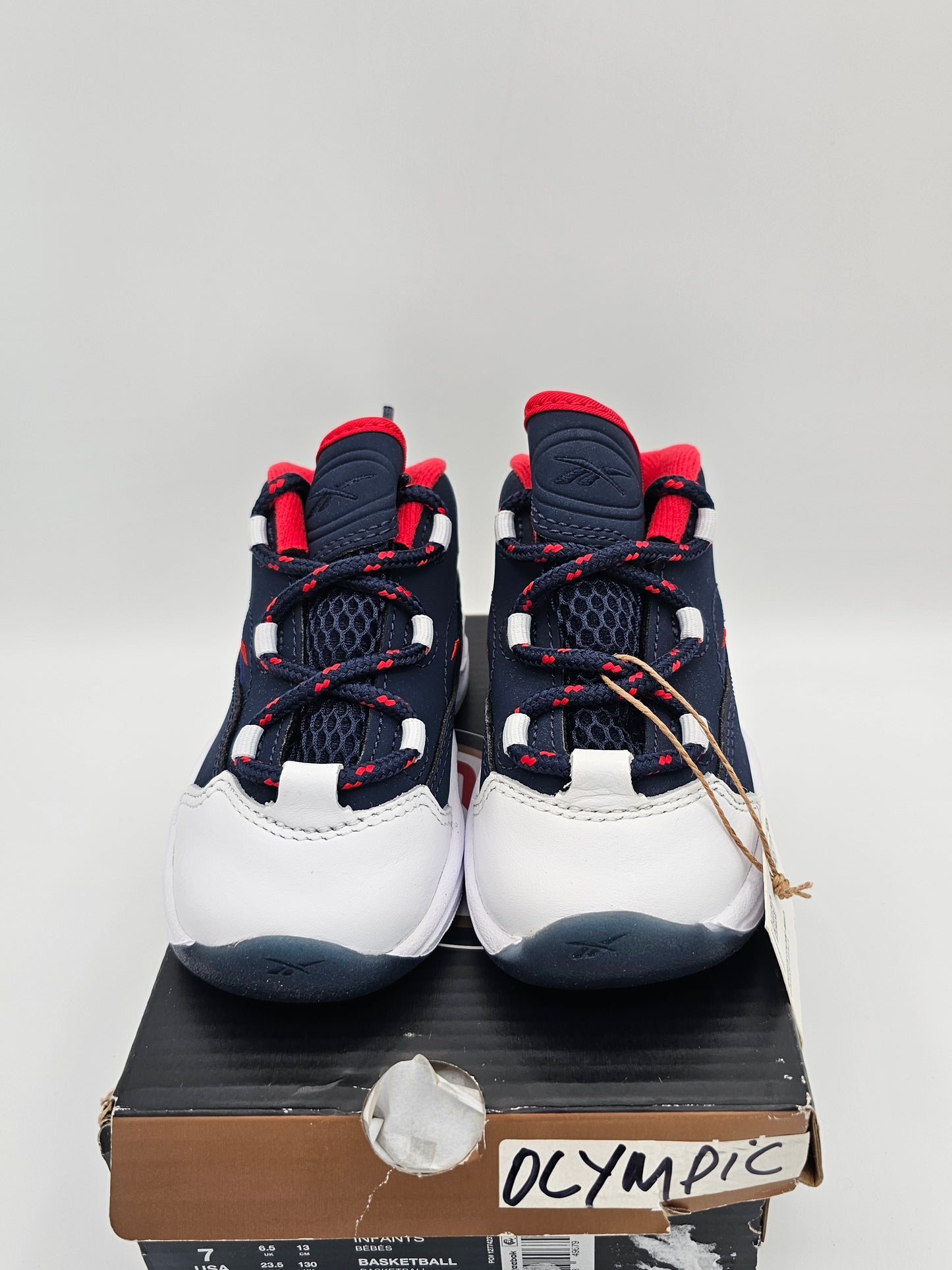 Reebok Question Mid “Olympic” – Infant/Toddler Size 7 | Navy/Red/White | New (Box Wear)