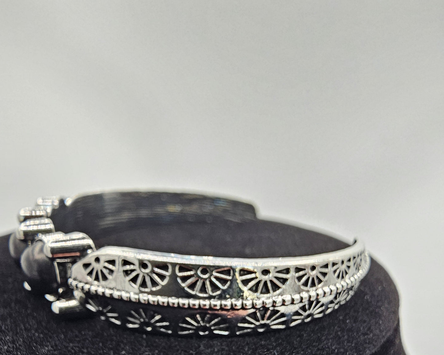 Vintage-Inspired Silver Cuff Bracelet with Onyx Stones | Boho Chic Statement Jewelry