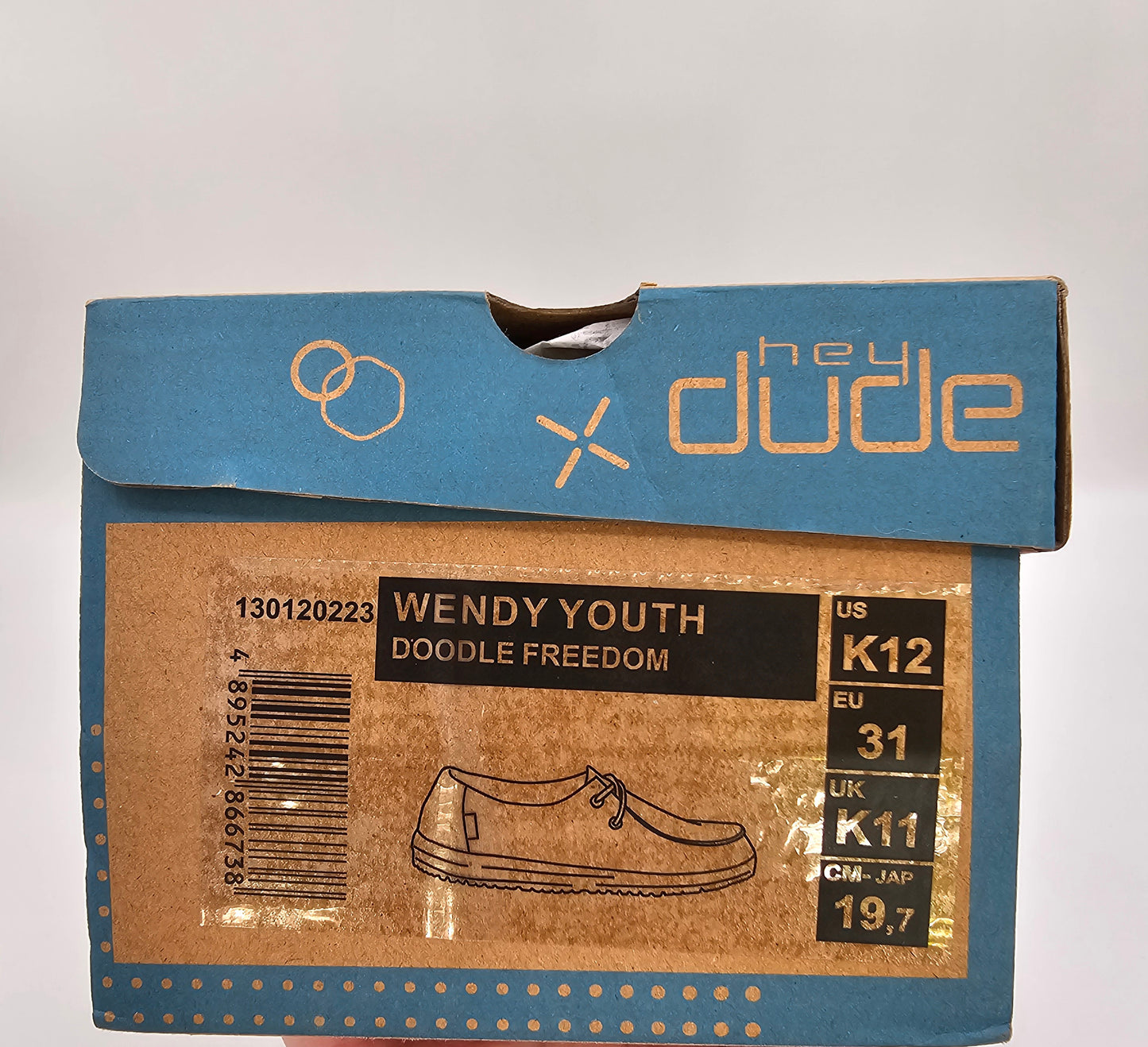 Hey Dude Wendy Youth “Doodle Freedom” – Size K12 | Cream/Pink Rainbow Sole